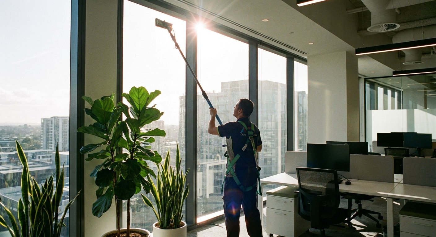 Valomos didelės biuro langų vitrinos su specialiomis priemonėmis