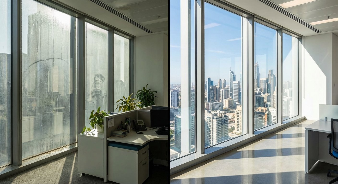 Biuro langai prieš ir po profesionalaus valymo