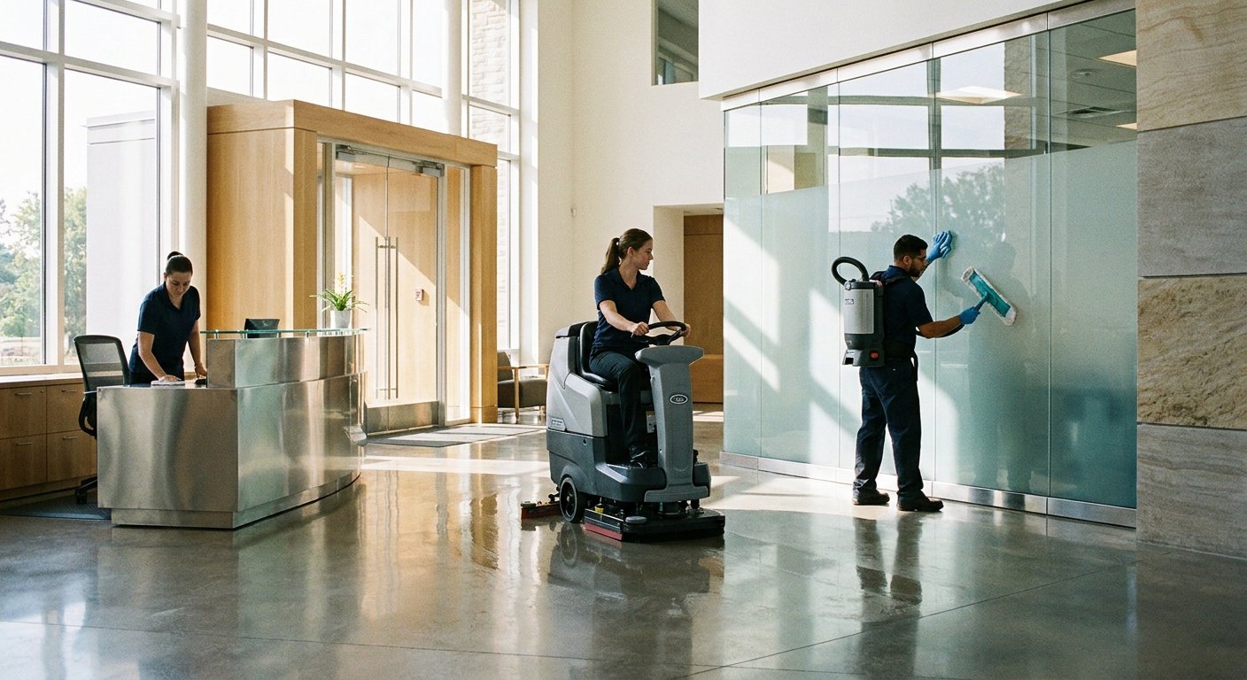 Komercinių patalpų valymo komanda, dirbanti šiuolaikiškame biure