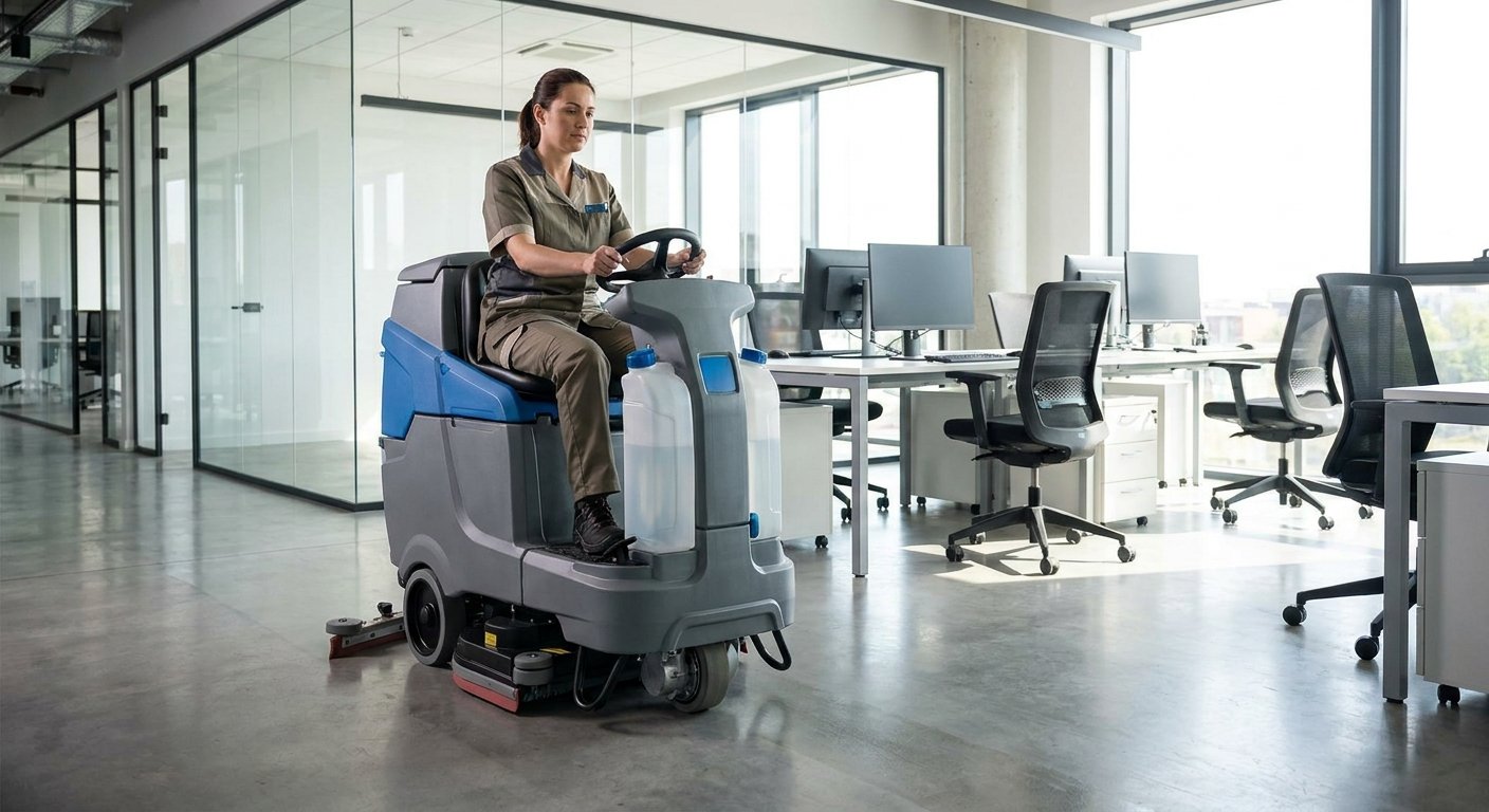 Darbuotojas valo biuro grindis su modernia įranga