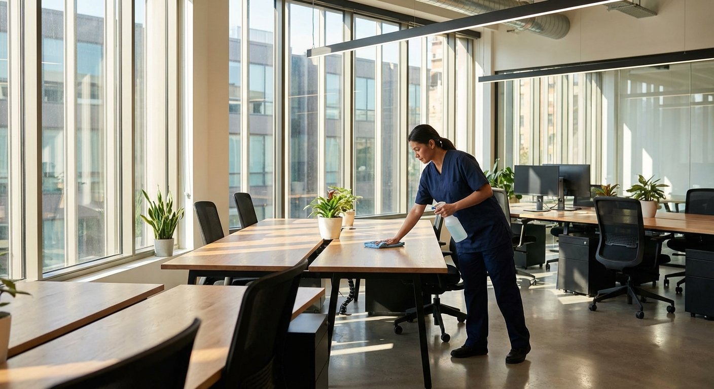 Modernus biuras dezinfekuojamas profesionaliai, šviesi ir tvarkinga aplinka.