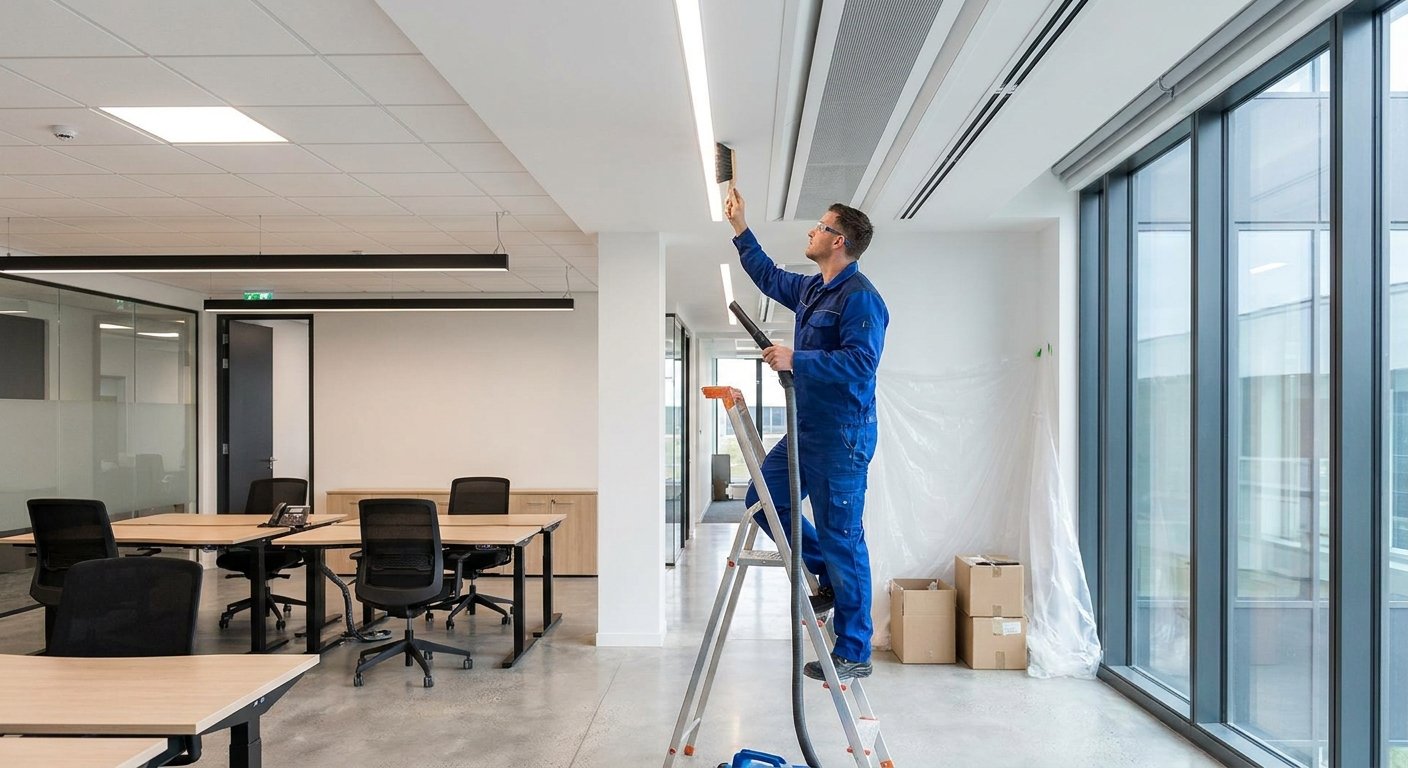 Ventiliacijos valymas biuro lubose po remonto