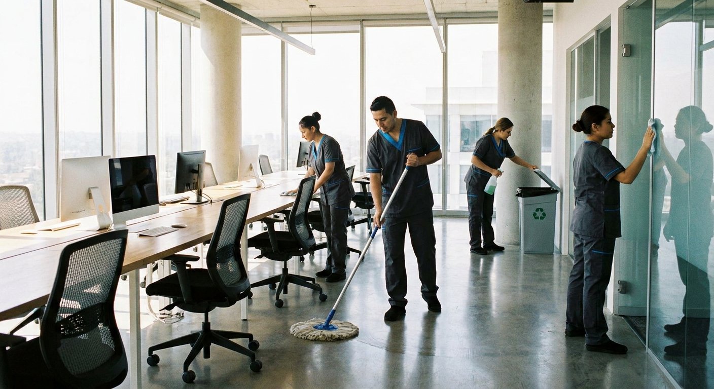 Profesionali valymo komanda valo biurą savaitgalį