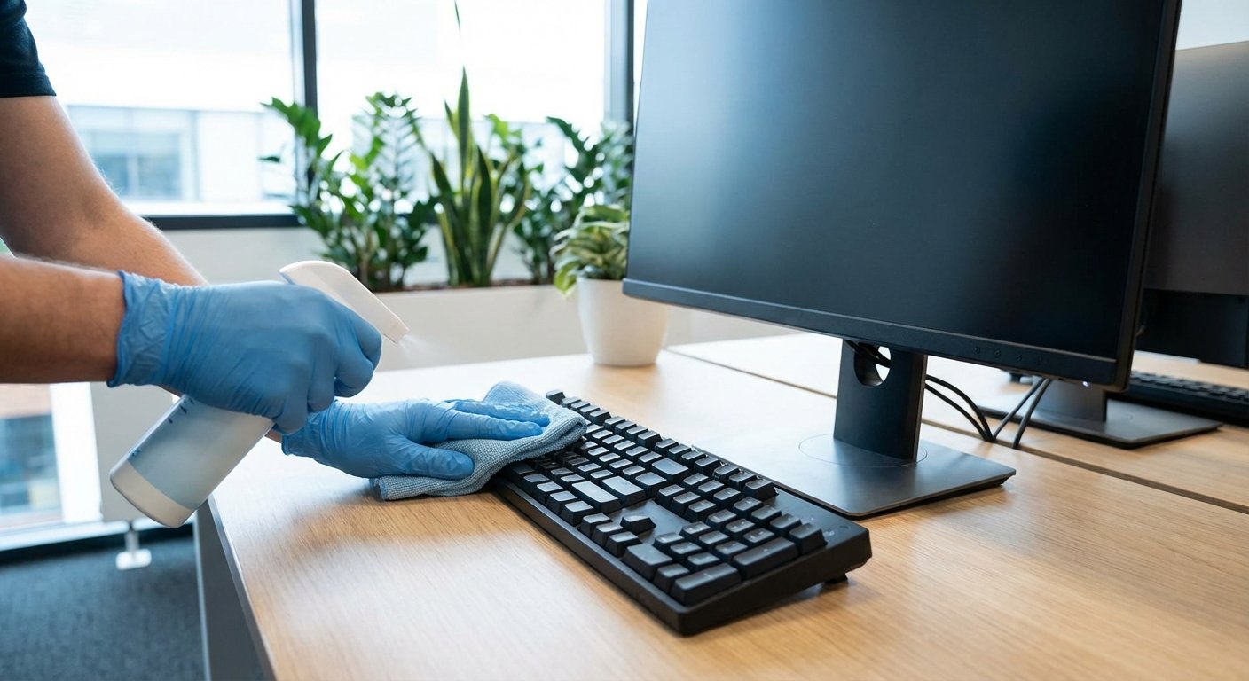 Darbuotojas valo ir dezinfekuoja kompiuterio darbo vietą biure.