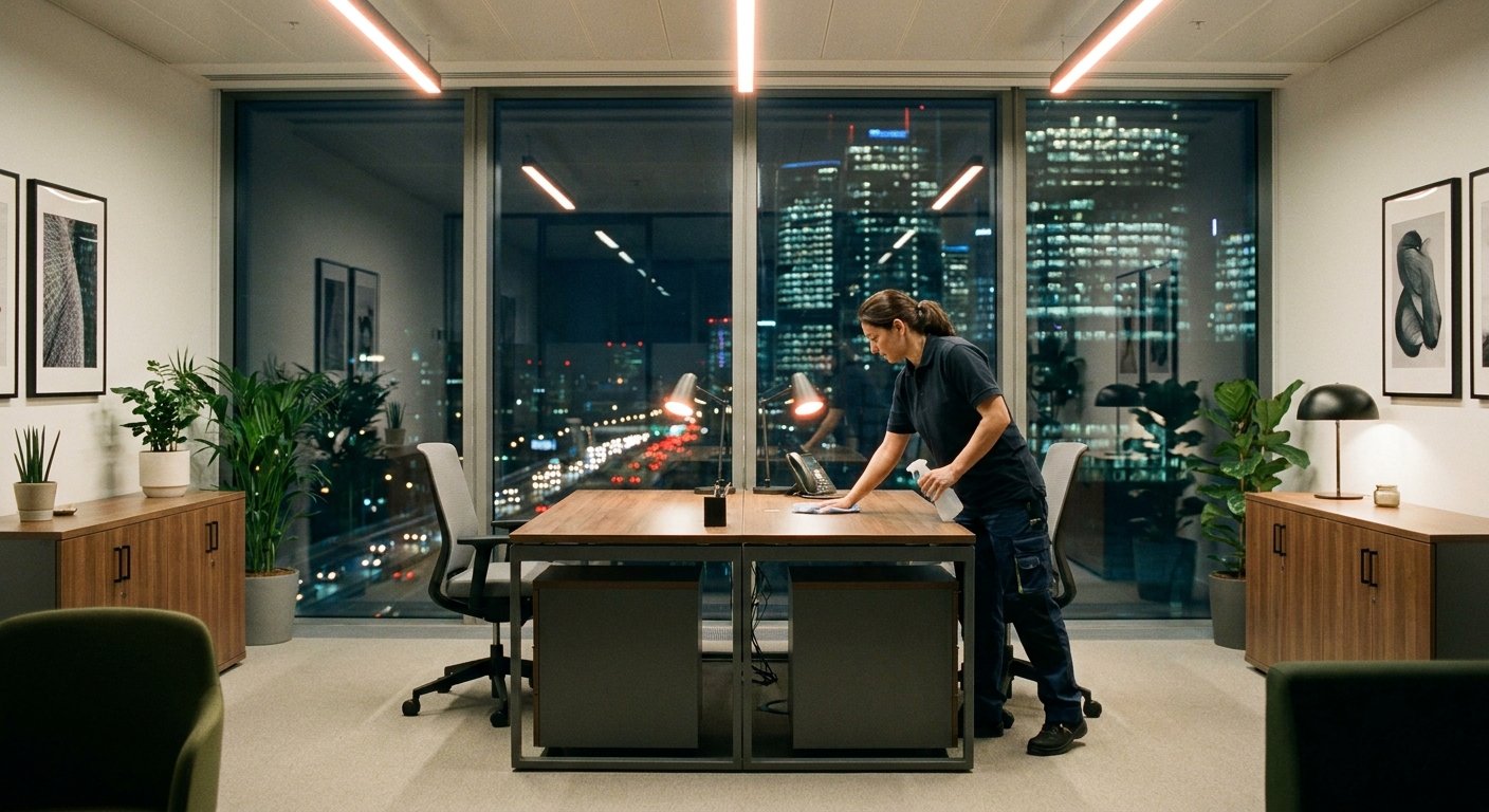 Naktinis biurų valymas šiuolaikiniame biure su švarintoja vakariniu metu