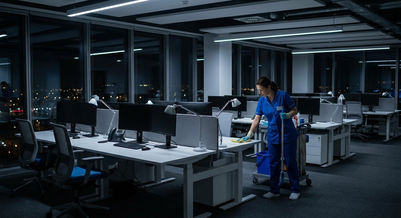 Profesionalus valytojas naktį valo biuro stalus