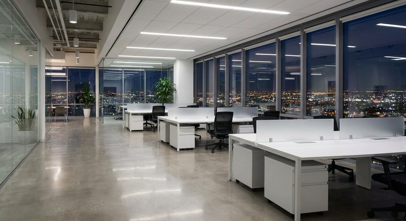 Švytintis naktinis biuras su tvarkingais baldais