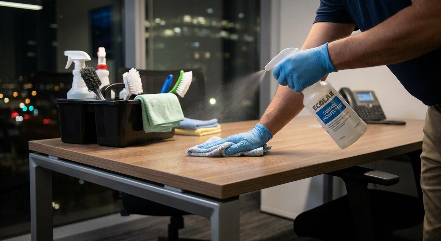 Biuro paviršių valymas naudojant higienos priemones