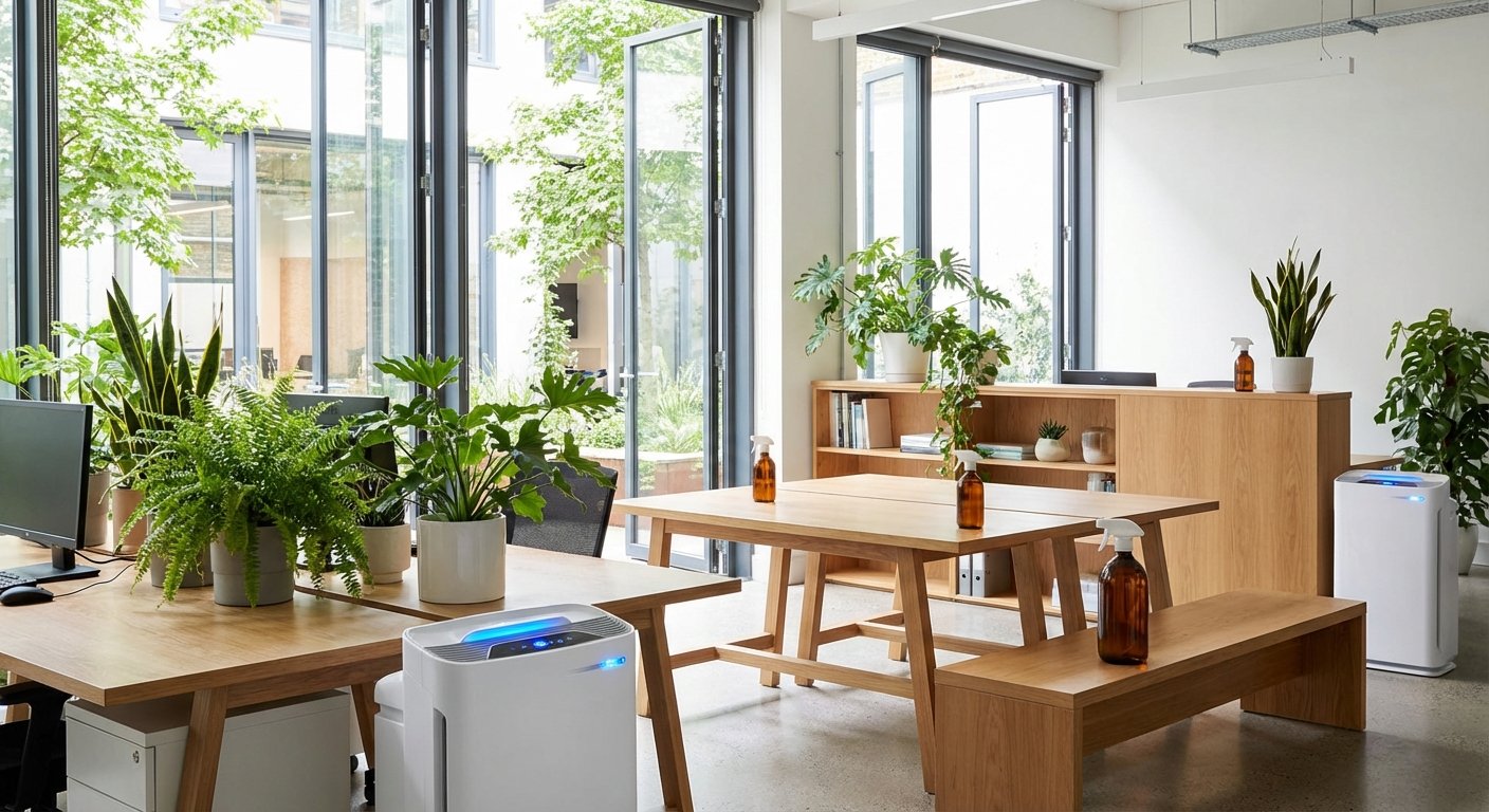 Erdvus biuras su atvirais langais, augalais ir oro valytuvu – saugi aplinka.