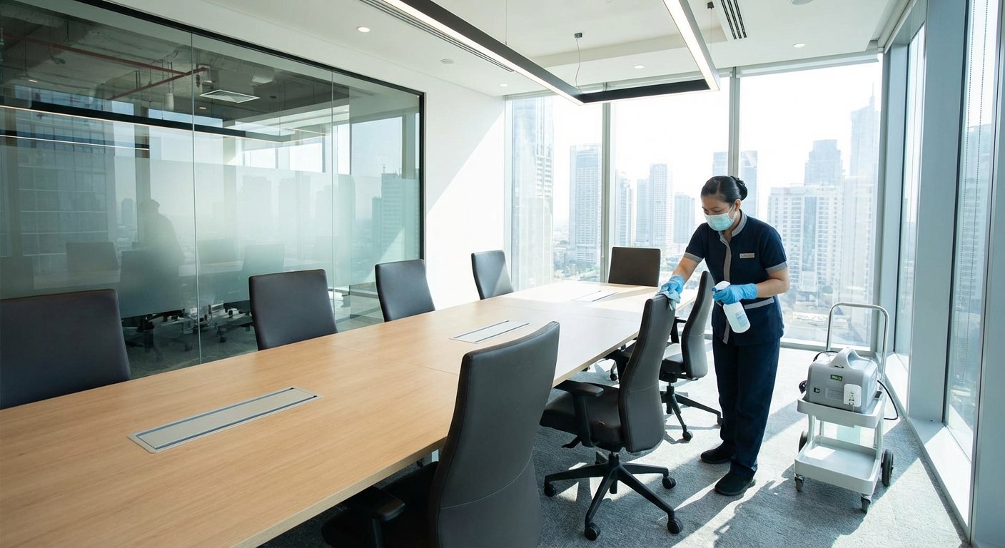 Susirinkimų salė dezinfekuojama prieš naudojimą, atstumai tarp kėdžių.