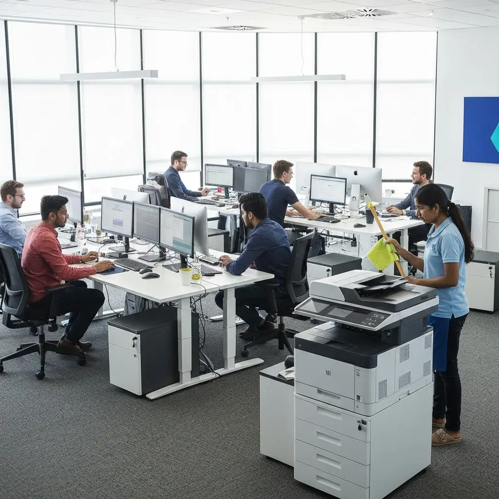 Valytojas valantis biurą startuolyje darbo metu